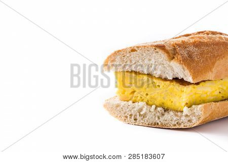 Bocadillo De Tortilla Española. Spanish Potato Omelette Sandwich Isolated On White Background. Copys