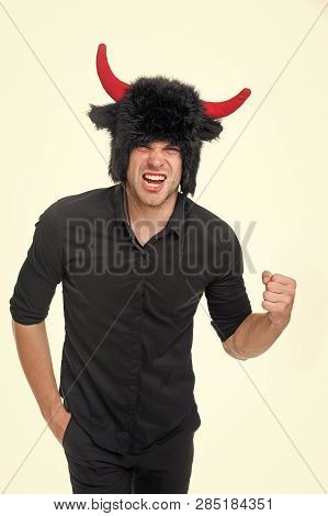 Man Horns As Devil Or Bull Aggressive Threaten Violence Gonna Punch You. Aggressive Intimidating Ind