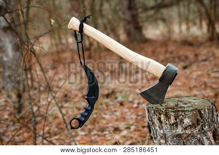 Axe And Karambit Knife Stuck In The Stump In The Forest