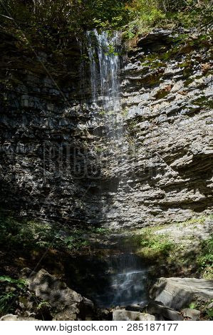 Drop Cascade, Bukhtivetskyi Waterfall In Bukove On The Bukhtovets River. Ivano-frankivska 

Oblast, 