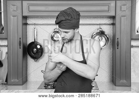 Chef Choose Professional Tools. Kitchen Utensils And Tools. Chef Hold Knife Tool Ready To Cook. Man 