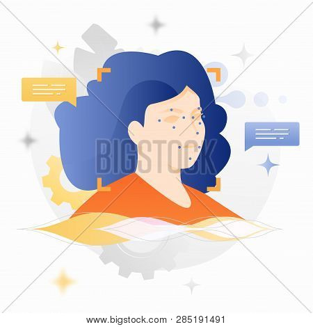 Light Skin Woman With Dots And Frame On Her Scanned Face. Vector Facial Identification Concept.