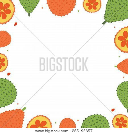 Vector Frame, Card Template With Cartoon Style Gac Fruit Or Baby Jack Fruit And Dots.