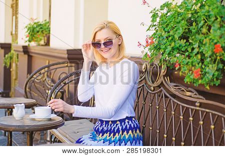 Great Start Of Day. Mug Of Good Coffee In Morning Gives Me Energy Charge. Woman Elegant Happy Face H