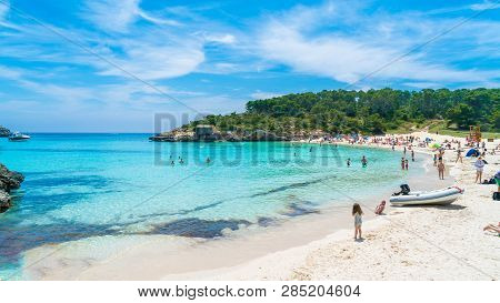 Cala Mondrago, Palma De Mallorca, Spain - May 24, 2018: Landscape With Beach And Turquoise Sea Water