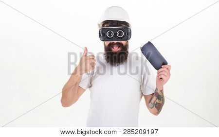 Man Wearing Virtual Reality Goggles In White Background. Happy Bearded Man Wearing Virtual Reality G