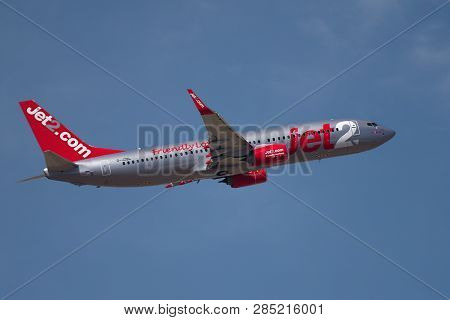 Tenerife, Spain 02.14.2019 Jet2 Airlines Boeing 737 Aircraft Flying In The Blue Sky