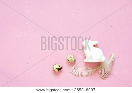 Pattern With Quail Eggs, Rabbit  And Golden Glitter On Pink Background.