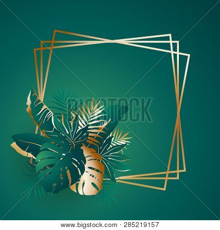 Tropical Flower Bouquet Of Green Palm Leaves, Leaves Of Monstera And Banana In Golden Frame. Exotic 