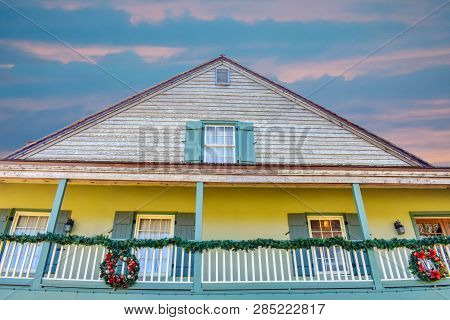St. Augustine, Florida. January 26 , 2019. Top View Of Vintage House On Colorful Sunset.