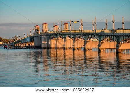St. Augustine, Florida. January 26 , 2019. Illuminated Bridge Of Lions On Sunset Background.