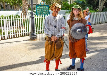 St. Augustine, Florida. January 26 , 2019. Couple In 17th Century Clothing At Old Town.