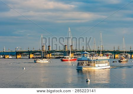 St. Augustine, Florida. January 26 , 2019 . Scenic Cruise Tour, Sailboats And Bridge Of Lions On Col