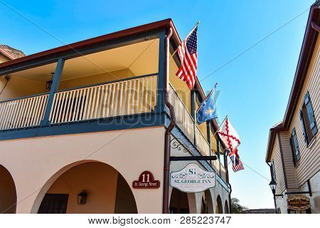 St. Augustine, Florida. January 26 , 2019. Top View Of St. George Inn Hotel And Colorful Flags.