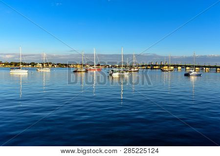 St. Augustine, Florida. January 26, 2019. Sailboats And Bridge Of Lions.(2)