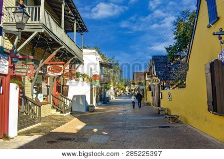 St. Augustine, Florida. January 26, 2019. Seventeenth Century Mansions In St. George St. At Old Town