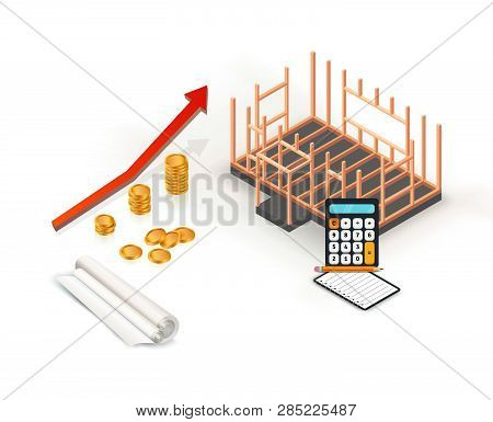 Timber Frame House Base Construction Design. Isometric Concept. Wood Frame Under Construction. Isola