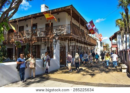 St. Augustine, Florida. January 26, 2019. People Enjoying Colonial Experience In St. George St. In O