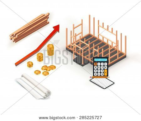 Timber Frame House Base Construction Design. Isometric Concept. Wood Frame Under Construction. Isola