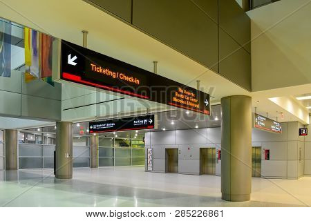 Miami, Florida. January 05, 2019. Top View Ticketing And Check-in Sign  At Miami International Airpo