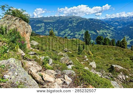 Austrian Summer Mountain Landscape Of The Zillertal High Alpine Road. Austria, Tyrol, Zillertal, Zil