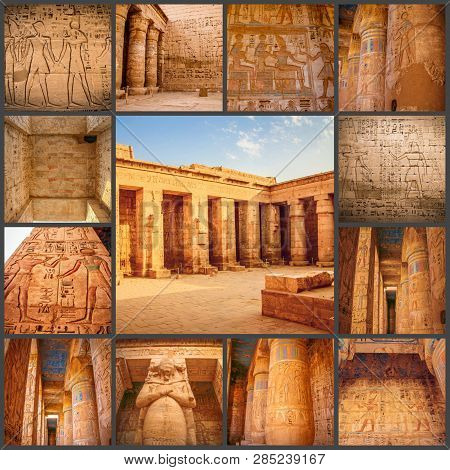 A Collage Of Photos Beautiful Ancient Temple Of Medina-habu. Egypt, Luxor.