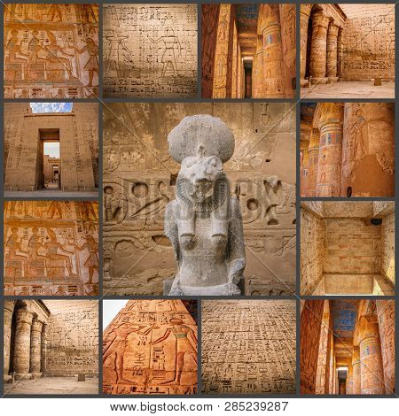 A Collage Of Photos Beautiful Ancient Temple Of Medina-habu. Egypt, Luxor.