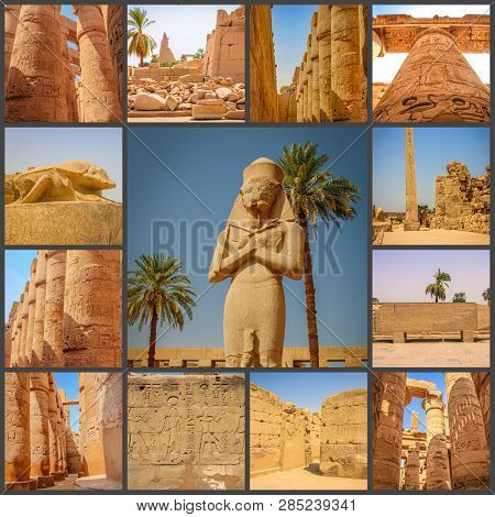 A Collage Of Photos Beautiful Ancient Temple Of Medina-habu. Egypt, Luxor.