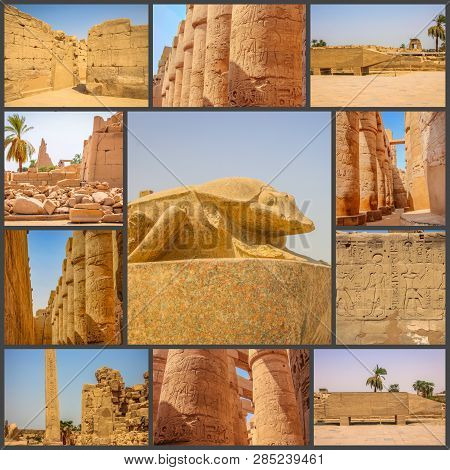 A Collage Of Photos Beautiful Ancient Temple Of Medina-habu. Egypt, Luxor.