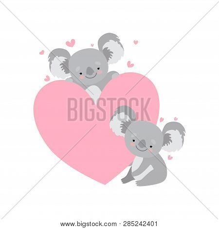 Two Cute Baby Koala Bears With Big Pink Heart, Funny Grey Animal Character Vector Illustration