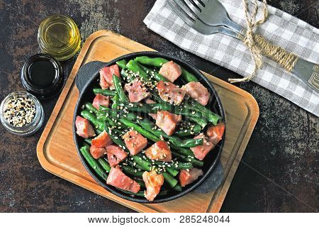 Green Beans With Bacon In A Cast Iron Skillet. Healthy Eating Concept. Keto Diet. Pegan Diet. Paleo 