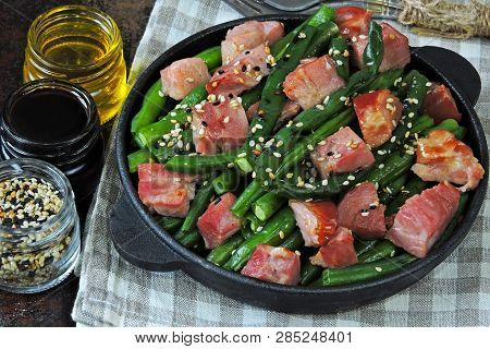 Green Beans With Bacon In A Cast Iron Skillet. Healthy Eating Concept. Keto Diet. Pegan Diet. Paleo 