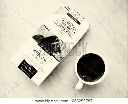 GOMEL, BELARUS - FEBRUARY 10, 2019: Coffe Caffe Corsini. Caffe Corsini was founded in 1950 in Arezzo, by Corsino Corsini. 