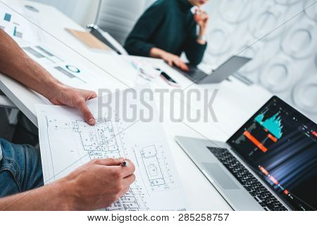 Сolleagues Analyze Digital Reports On Screen Monitor And Preparing Financial Report For Investors. T
