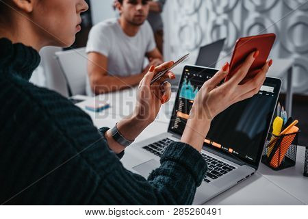 Сolleagues Analyze Digital Reports On Screen Monitor And Preparing Financial Report For Investors. T