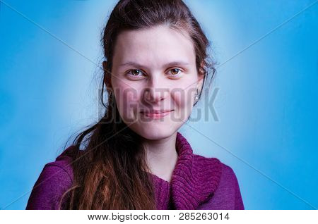 Cheerful, Feminine Woman Smile In Lilac, Blouse, Sweater. Close Up Portrait Of Pretty Caucasian Youn