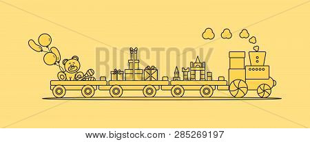Funny Vector Illustration With Train Carries Toys: Baby Toy Musical Maracas, Designer, Bear, Gifts, 