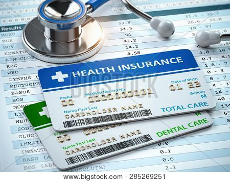 Health Insurance cards total and dental care with stethscope. 3d illustration