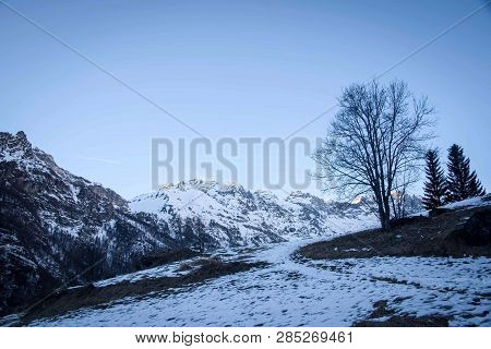 Sunset In The Mountains In The Valtournenche Region. Italy, The Alps.