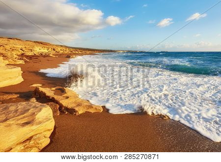 Beautiful Wild Beach With Clear Turquoise Water And Waves. Lara Beach, Cyprus.