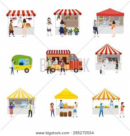 Set Outdoor Street Food Festival Canopy Tent Pavilion Shopping Stall Kiosk With People Walking Betwe