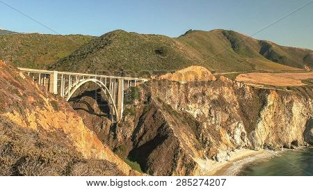 A Wide Angle Shot Of Bixby Bridge On Highway 1 Along The Coast Of Big Sur