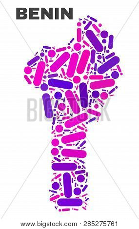 Mosaic Benin Map Isolated On A White Background. Vector Geographic Abstraction In Pink And Violet Co