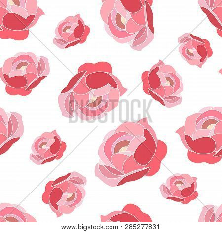 Seamless Abstract Pattern Of Carmine-pink Peonies, On White Background. Great For Decorating Fabrics