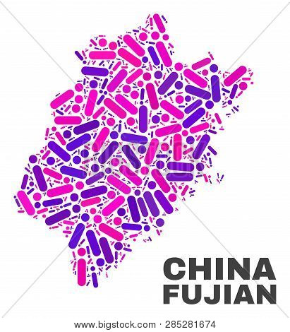 Mosaic Fujian Province Map Isolated On A White Background. Vector Geographic Abstraction In Pink And