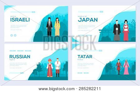 Couples From Different Countries Of The World. Traditional Clothing Of Different Nationalities Broch