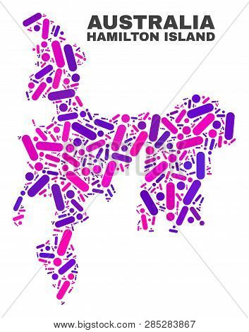 Mosaic Hamilton Island Map Isolated On A White Background. Vector Geographic Abstraction In Pink And