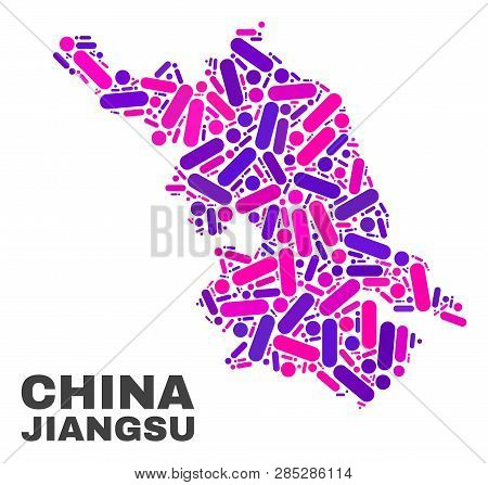 Mosaic Jiangsu Province Map Isolated On A White Background. Vector Geographic Abstraction In Pink An