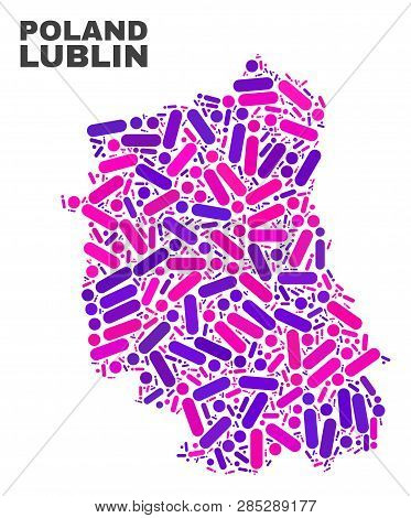 Mosaic Lublin Voivodeship Map Isolated On A White Background. Vector Geographic Abstraction In Pink 