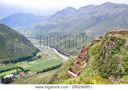 View From The Top Of The Pisac Mountain In Cusco, You Can Also See The Vilcanota River In The Backgr